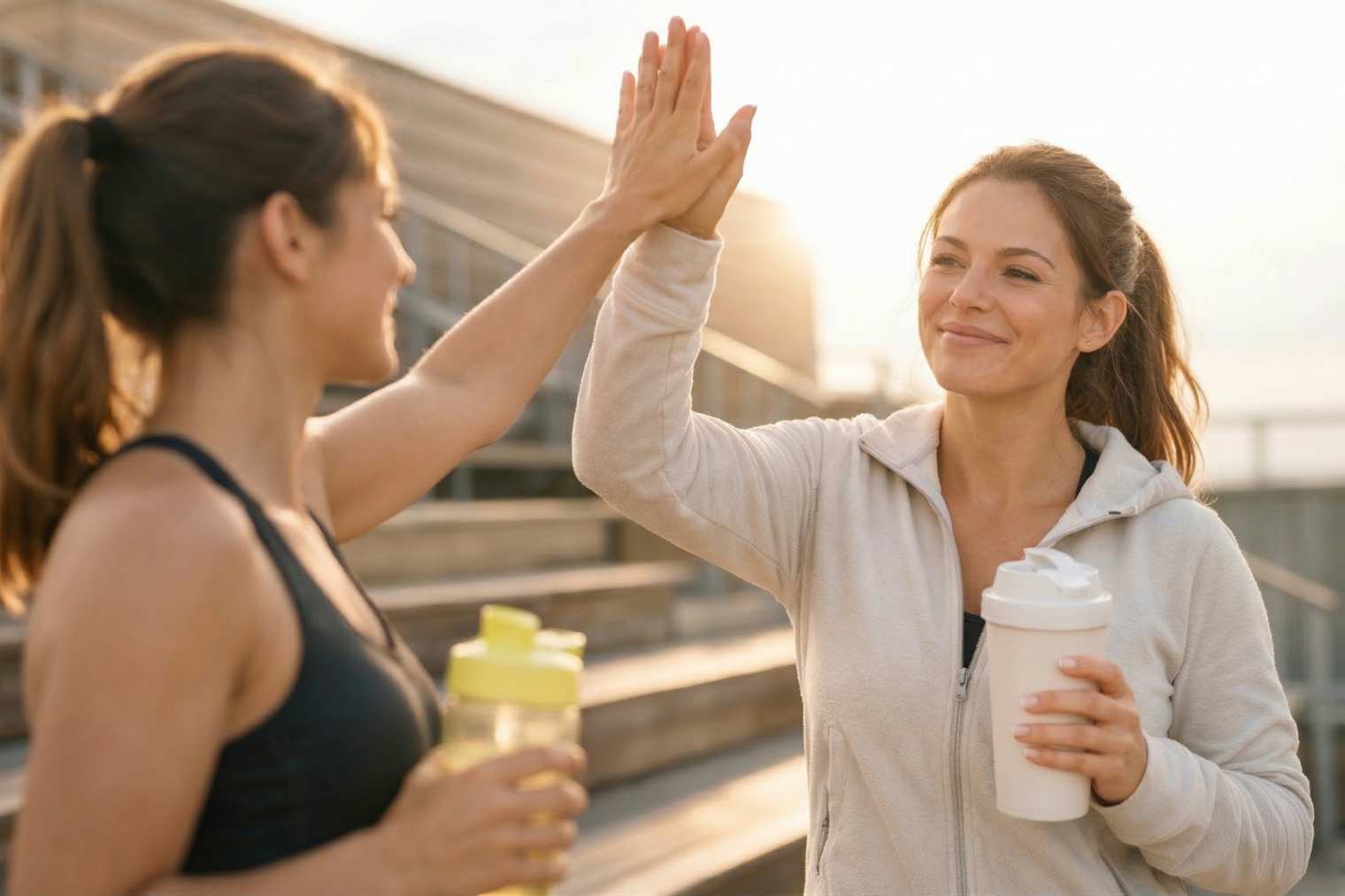 Zwei sportliche Frauen feiern nach dem Training ihre Fortschritte mit einem High-Five im Outdoor-Fitnessbereich