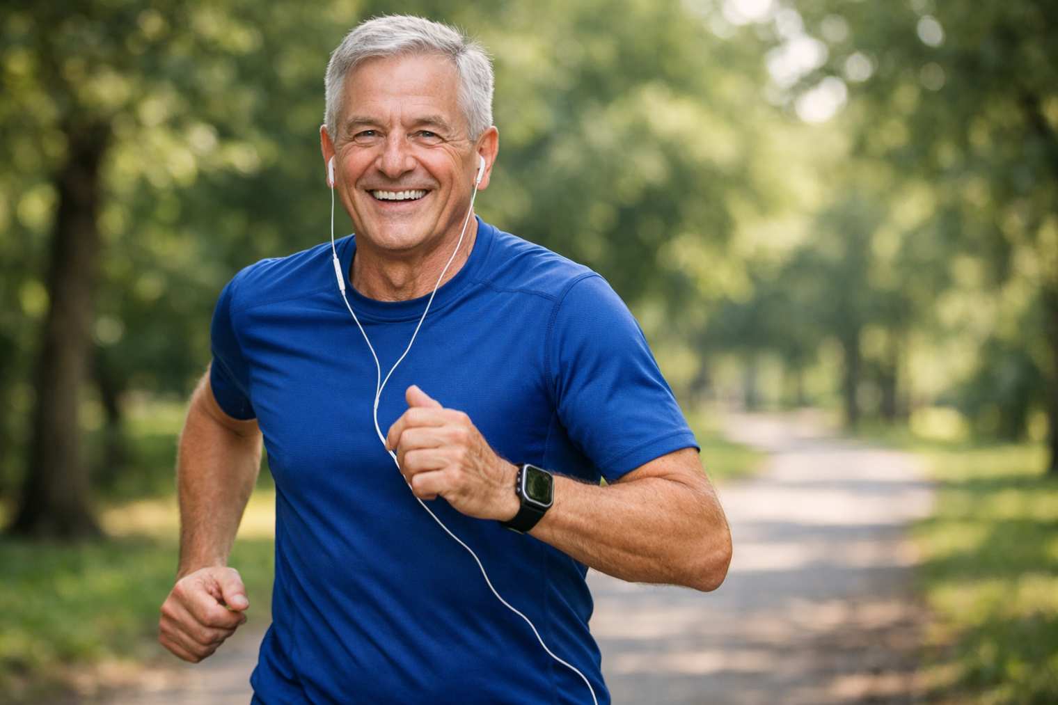 Mit Spaß und Abwechslung trainieren: motivierter Mann joggt lächelnd im Park