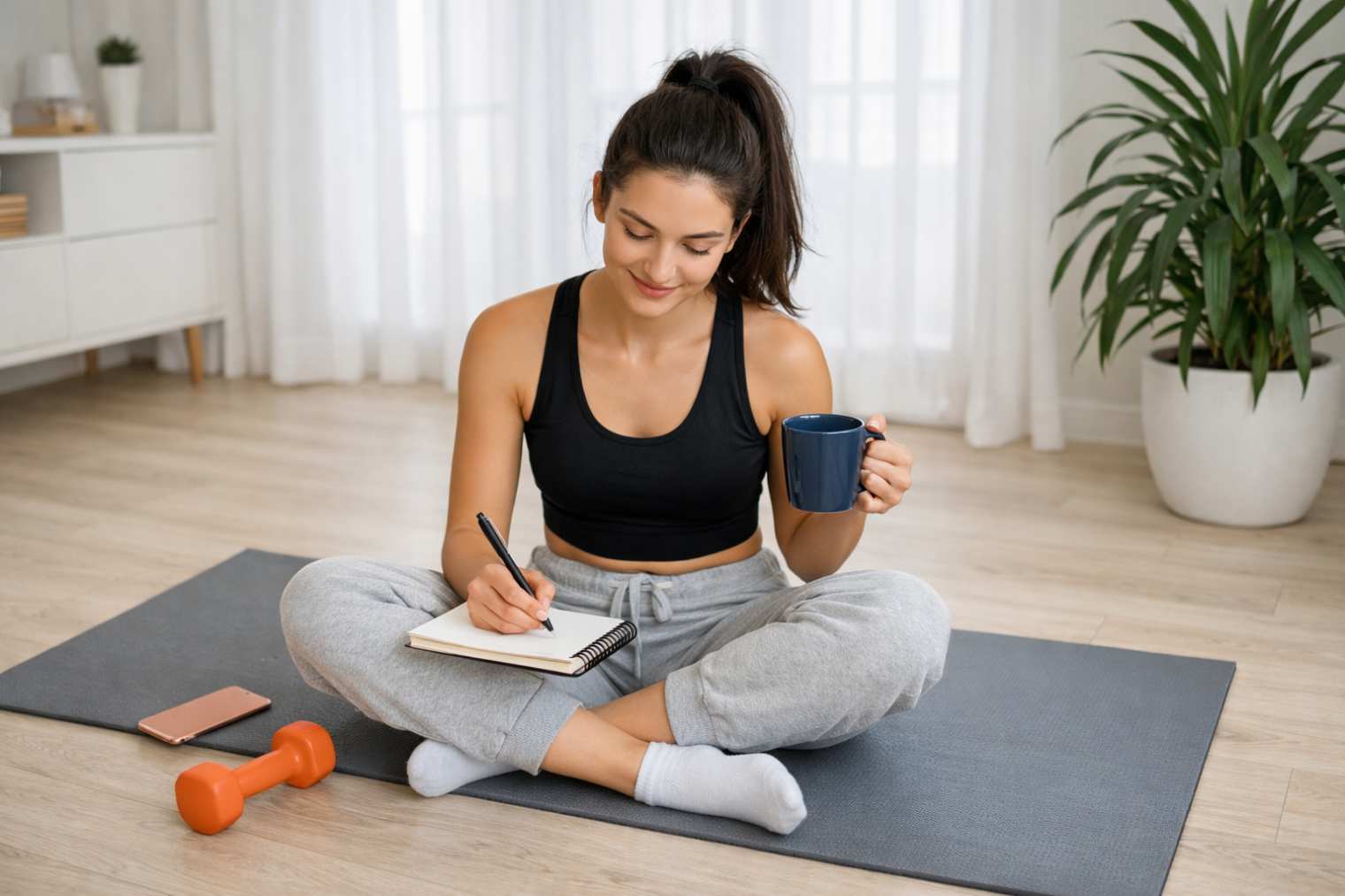 Frau sitzt auf Yogamatte und schreibt ins Trainingstagebuch – klare Fitnessziele setzen und motiviert bleiben